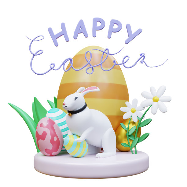 复活节的问候和礼物有复活节彩蛋。寻找复活节彩蛋的概念。节日横幅，网络海报，传单，时尚的小册子。春季复活节3D渲染图片下载