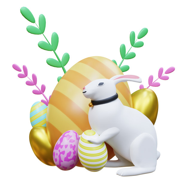 复活节的问候和礼物有复活节彩蛋。寻找复活节彩蛋的概念。节日横幅，网络海报，传单，时尚的小册子。春季复活节3D渲染图片下载