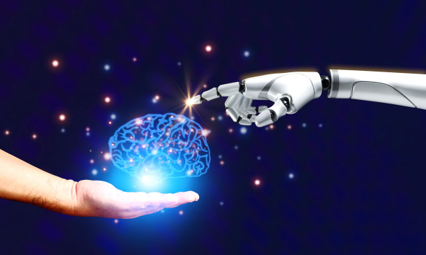 用3D机械手在人手上绘制大脑图。人工智能增强并取代了复杂的工作流程和技术概念图片下载