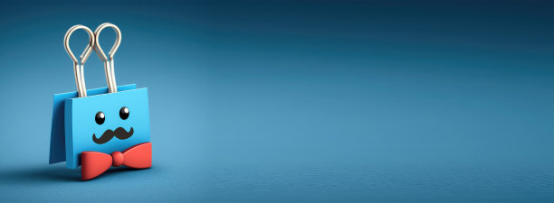 可爱的卡通曲别针与领结。有复制空间的人物。空平面背景。图片下载