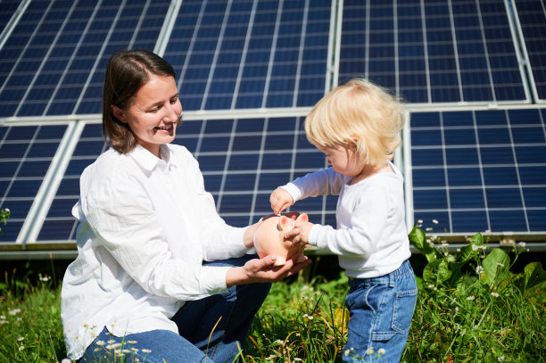 小孩和他的妈妈存钱，把钱放进储蓄罐。图片下载