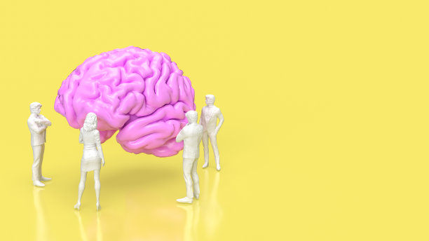 人与大脑在黄色背景创意或团队概念3d渲染图片下载