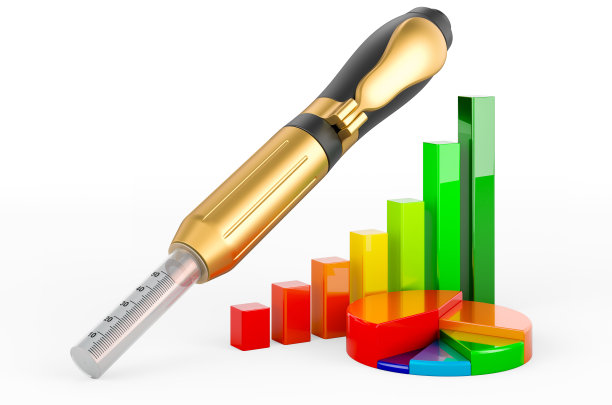玻尿酸笔与生长条形图和饼图。三维渲染图片下载