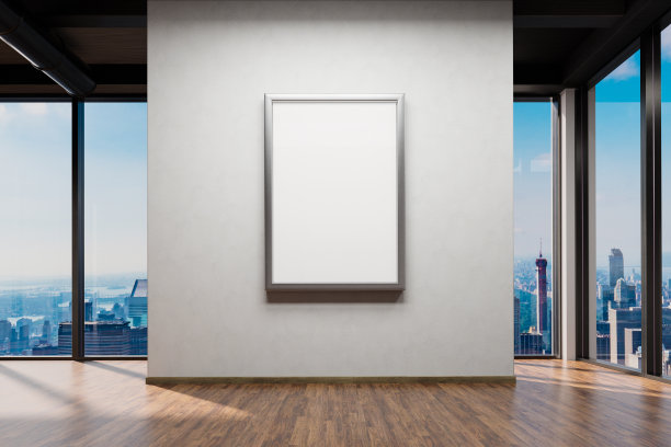 白色墙壁和白色画布的大办公室;复制空间前全景窗口天际线视图，3D插图图片下载