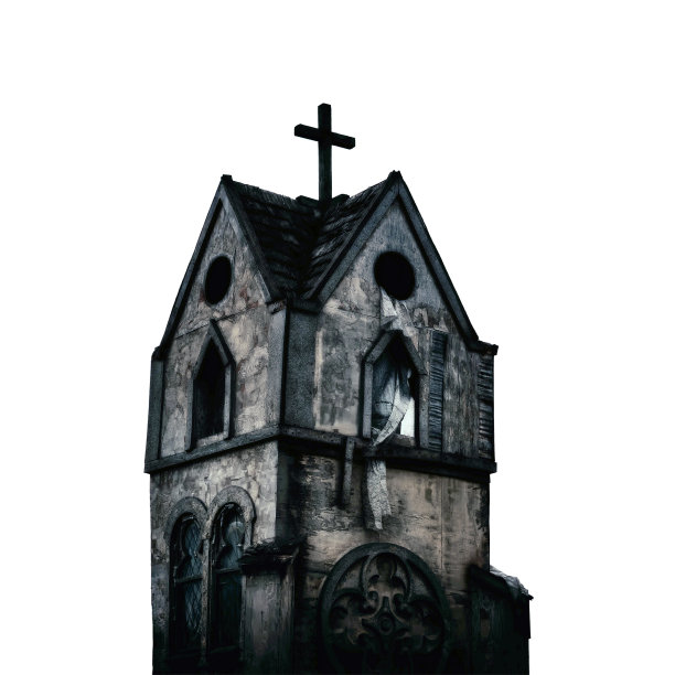 一个破旧的教堂在黄昏的昏暗中，孤立在白色的背景上。中世纪欧洲的钟楼，在灰暗的天空下，孤立在白色的背景上。灰色天空上神秘的云。图片下载