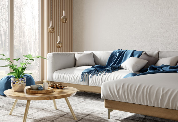 斯堪的纳维亚公寓的现代室内设计，客厅有白色角落沙发越过砖墙。家庭内部有窗户。三维渲染图片下载