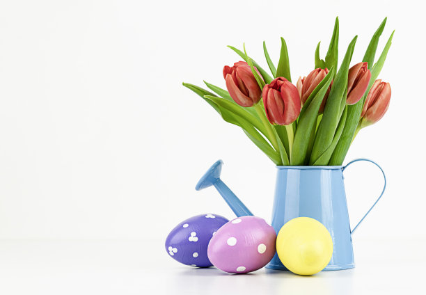 水桶里的春天郁金香和五颜六色的复活节彩蛋图片下载