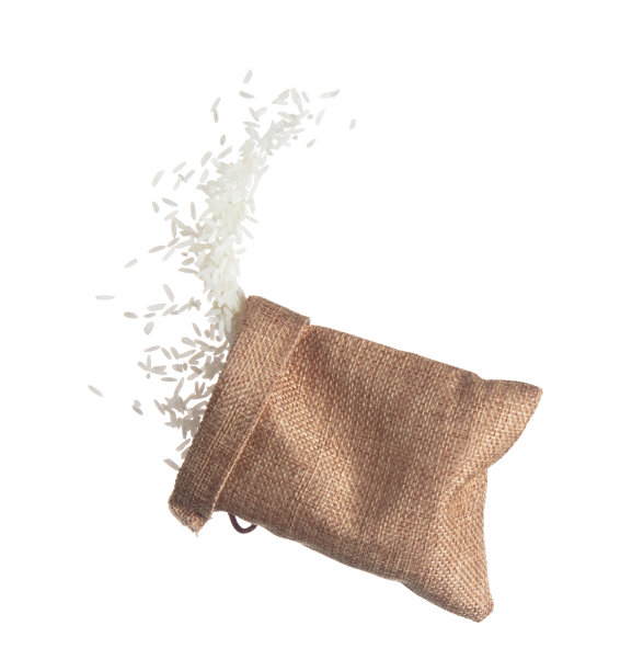 日本稻谷在麻袋里炸飞，白色的稻谷落抽象飞。美丽完整的稻种袋在空中飞溅，食物对象设计。白色背景隔离，高速冻结运动图片下载