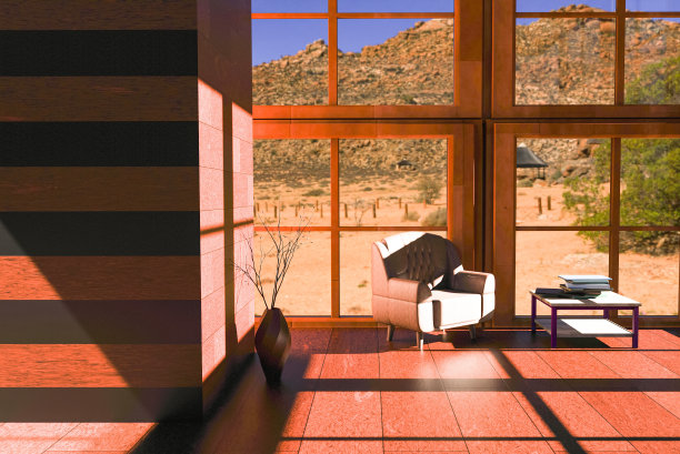 客厅内饰有木墙、木拼花、沙发、书桌和装饰性陶瓷，可以看到沙漠景观。图片下载