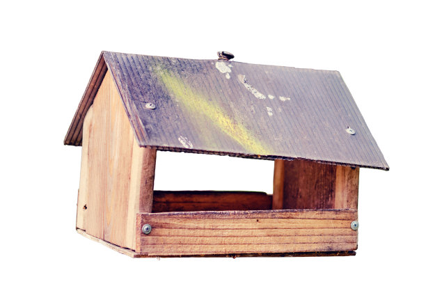 木制喂鸟器的形式在夏季森林，特写，孤立的白色背景图片下载