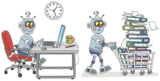 一个滑稽的机器人在办公室里的卡通故事图片下载