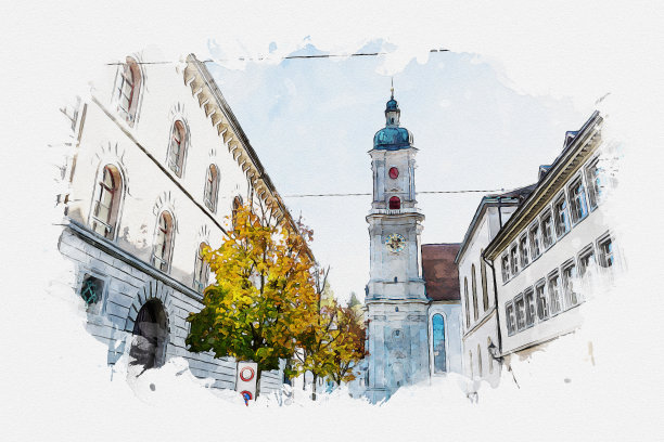 在圣加伦的水彩画美丽的街景。联合国教科文组织世界遗产这个世界，著名的地标在瑞士。图片下载