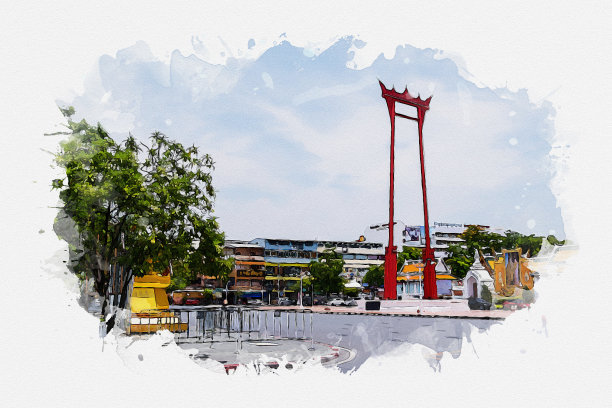 泰国曼谷市中心和著名地标的水彩画。图片下载