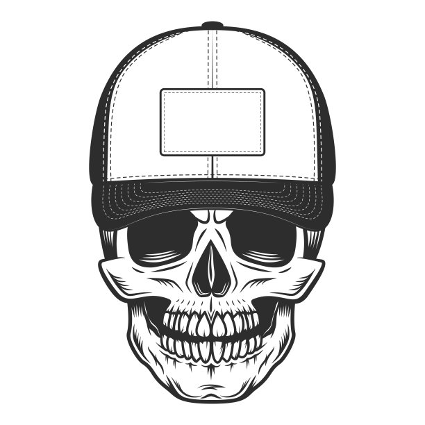 头骨在棒球帽在老式单色风格孤立矢量插图图片下载