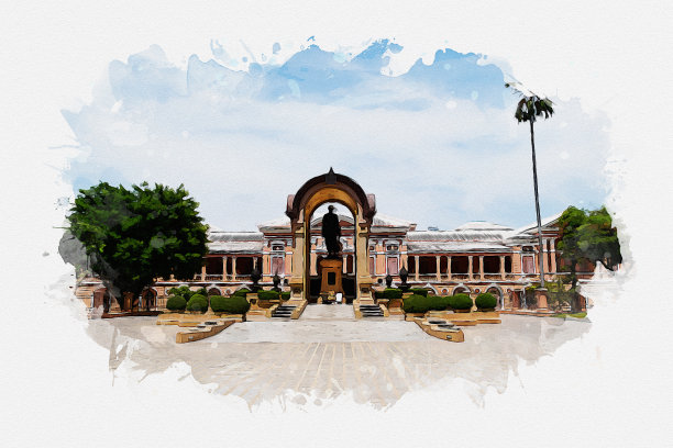 泰国曼谷市中心和著名地标的水彩画。图片下载