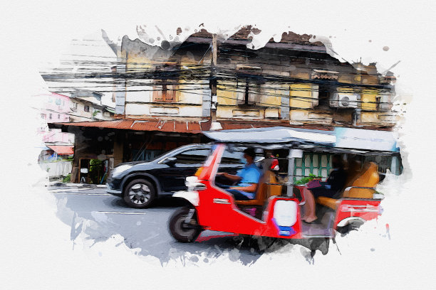 泰国曼谷市中心和著名地标的水彩画。图片下载