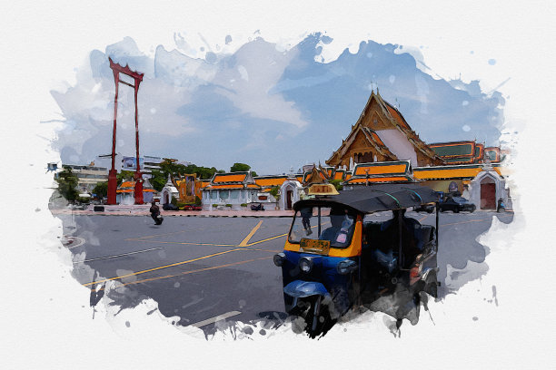 泰国曼谷市中心和著名地标的水彩画。图片下载