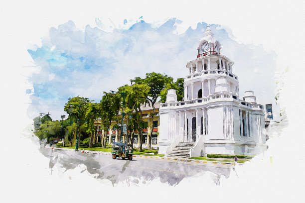 泰国曼谷市中心和著名地标的水彩画。图片下载