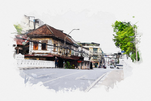 泰国曼谷市中心和著名地标的水彩画。图片下载