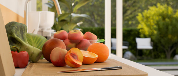 各种新鲜蔬菜和水果在砧板上的厨房餐桌在现代厨房房间图片下载