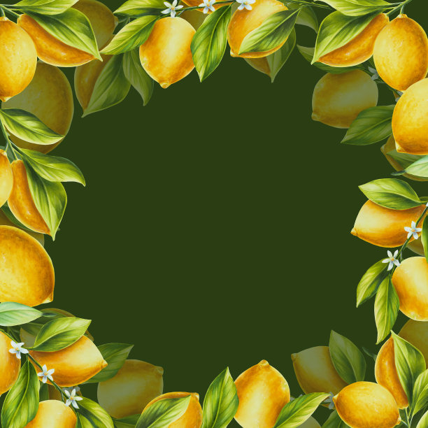 水彩框架与新鲜成熟的柠檬与鲜绿色的叶子和花朵。手绘柑橘片画在绿色背景。为设计师，明信片，派对邀请，包装纸，封面。海报及纺织品图片下载