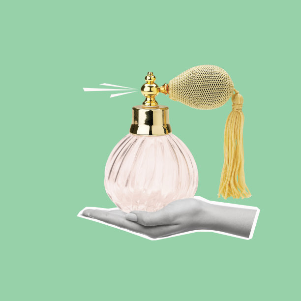 当代艺术拼贴人类手握女性香水。图片下载