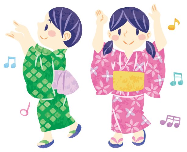 夏季祭典：孩子们穿着浴衣表演盂兰盆节舞蹈图片下载