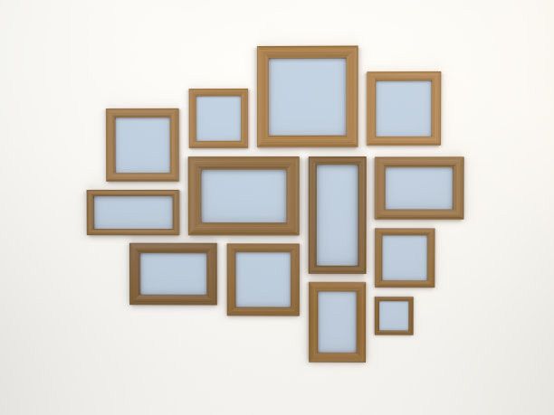 在空白墙壁上的各种大小的木框架的3D渲染图片下载