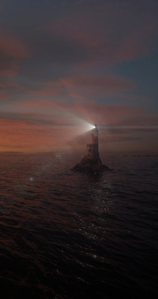 黄昏时分，明亮的灯光映衬着天空的开阔水域图片下载