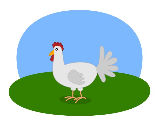 插图的白色母鸡与绿色草地和蓝天-矢量图片下载