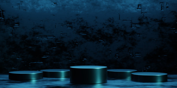三维渲染空金属平台与蓝色霓虹灯的产品展示。科幻场景图片下载