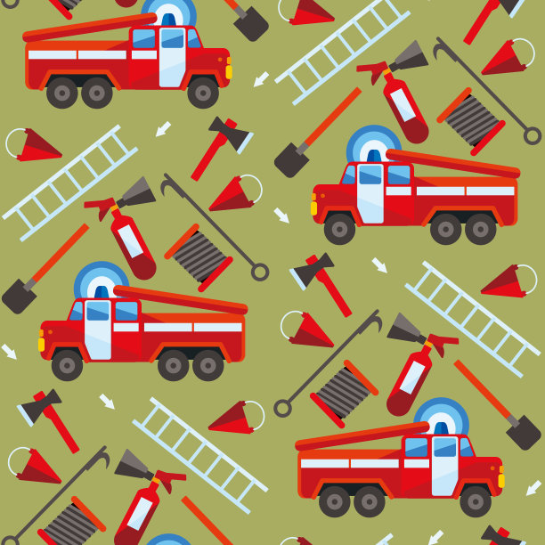 彩色无缝图案与消防车，灭火器，灭火设备在平面风格。无尽的纹理，背景。矢量图图片下载