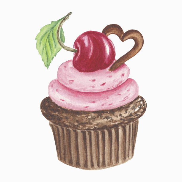 樱桃甜点，樱桃糖衣烘焙，樱桃巧克力蛋糕，粉色糖衣纸杯蛋糕。糖花。水彩孤立的插图标签，菜单，标志，邀请或包装设计图片下载