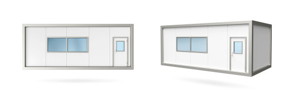 白色移动式办公大楼或集装箱工地办公大楼用于施工现场。白色集装箱孤立在白色背景上。可移动的房子和办公小屋，3D渲染，模拟图片下载