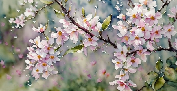 樱花水彩画(春樱树)与美丽的粉红色花朵在树枝上图片下载