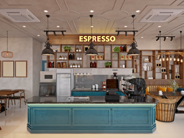 咖啡店，浓缩咖啡的3d渲染图片下载