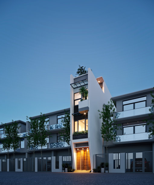 现代建筑的3d渲染视图从街道日落图片下载