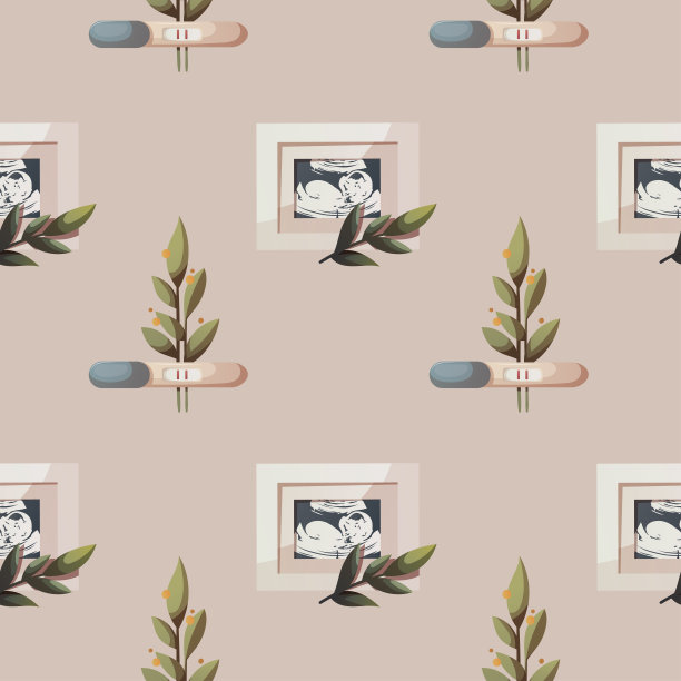 无缝图案与超声婴儿照片和阳性妊娠试验。图片下载