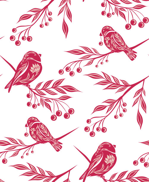 无缝的装饰图案与鸟和龙葵浆果上的树枝在品红颜色的白色背景。窗饰纹理与红腹灰雀图片下载