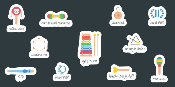 儿童手绘乐器玩具。贴纸的平面矢量插图图片下载