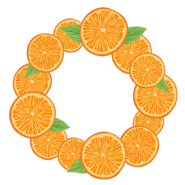 矢量圆边界与橙色切片，叶子和复制空间。圆形框架与多汁的水果，树叶和文字的地方。夏天盾边图片下载