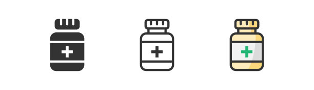 药瓶图标上的光背景。抗生素，止痛药的象征。阿司匹林，药物，急救，疾病。轮廓，平面和彩色风格。平面设计。矢量插图。图片下载