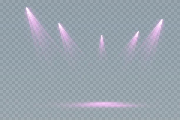 舞台灯光，在透明的背景上。带有聚光灯的明亮照明。定向工作室灯。图片下载