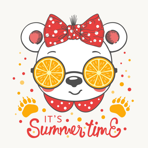 熊女孩脸配橙色太阳镜，夏日时光标语文字图片下载