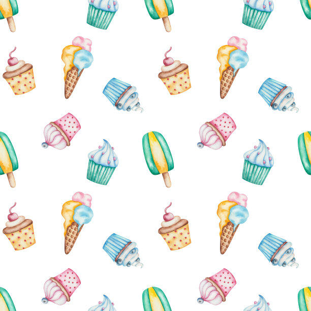 水彩无缝图案。手绘的纸杯蛋糕插图与蓝莓，撒糖，樱桃，奶油。松饼。冰淇淋，冰棍。打印在白色背景在蓝色，绿色，粉红色，黄色图片下载