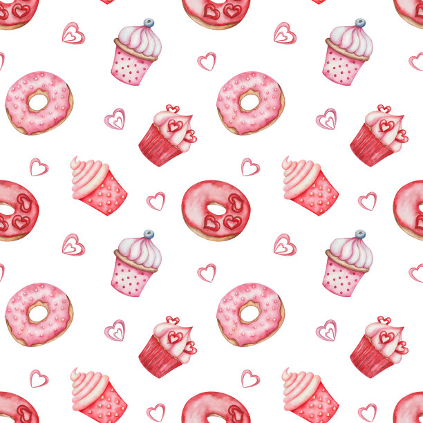 水彩无缝图案。手绘插图的红色，粉红色的纸杯蛋糕和甜甜圈与糖衣，心形，奶油。松饼，甜甜圈甜点。印在白色背景的纺织品，情人节图片下载
