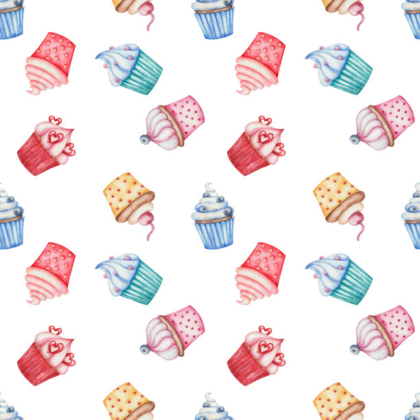 水彩无缝图案。手绘的纸杯蛋糕插图，蓝色，绿色，粉色，红色，黄色，蓝莓，撒糖，樱桃，心形，奶油。松饼。白色背景打印图片下载