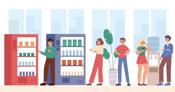 学生、年轻的上班族在自动售货机上买食物，在饮水机旁喝酒聊天。快乐卡通平面青少年矢量人物图片下载