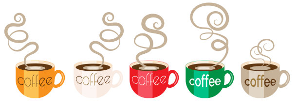 一套五颜六色的杯子，盛着热气腾腾的咖啡图片下载