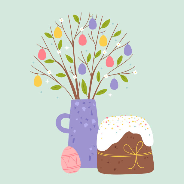 复活节小蛋糕，花瓶，树枝和鸡蛋。春天的粉彩画。家庭传统。图片下载